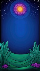 Wall Mural - Glowing Orb Over Green Landscape Surreal Scene at Night with Starry Sky and Purple Floral Accents