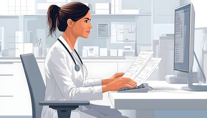 Poster - Doctor reviewing patient files at her desk in a modern office