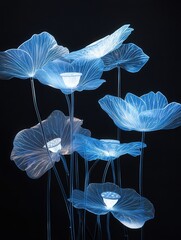 Poster - biopunk-inspired installation showcasing glowing blue lotus leaves and translucent petals,