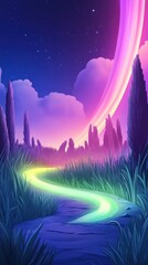 Wall Mural - Glowing path winds through serene, grassy field, under a vibrant ringed planet night sky