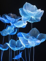 Poster - biopunk-inspired installation showcasing glowing blue lotus leaves and translucent petals,