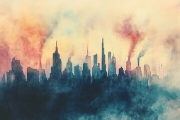 Poster - Dreamy abstract city skyline featuring colorful smoke, silhouettes of buildings, and a soft atmospheric blend. Perfect for creative projects and designs.