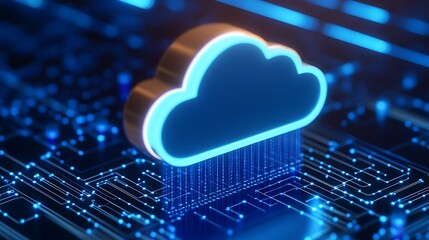 Poster - Digital Cloud Computing Symbol Over Circuit Board Background with Blue Neon Lights and Data Flow Animation