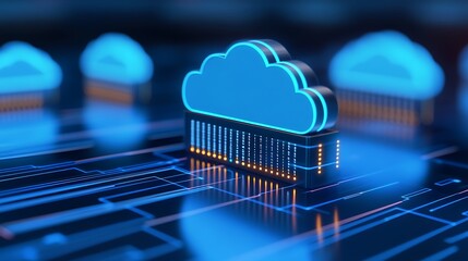 Poster - Digital Cloud Concept with Neon Lights, Data Transfer, and Futuristic Technology Background