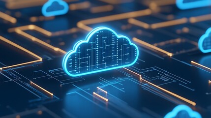 Poster - digital cloud technology concept with circuit patterns and neon lights against a dark background