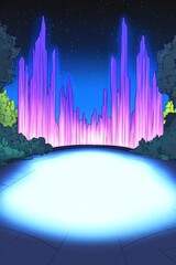 Wall Mural - Glowing purple crystal city rising, forest setting, star background. Magic portal shines on floor
