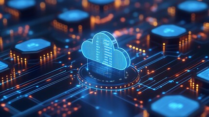 Poster - Futuristic Cloud Computing Concept with Digital Circuit Board and Data Flow Illustration