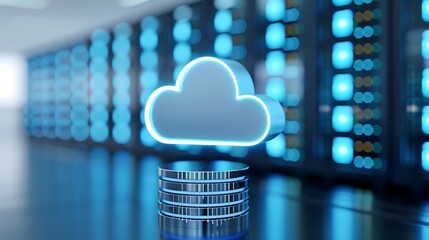 Poster - Futuristic Cloud Computing Concept with Neon Cloud Icon and Server Rack Background