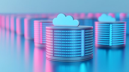 Poster - Futuristic Data Storage Technology with Cloud Icon and Neon Lights in a Digital Environment