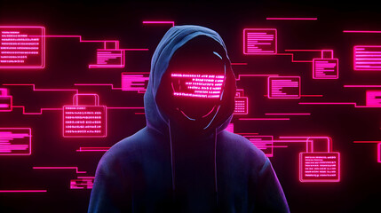 Poster - Mysterious Figure in Hoodie with Glowing Digital Codes Behind