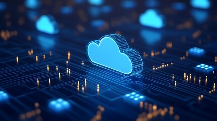 Poster - futuristic digital cloud technology with network circuitry design and blue glow effect in dark backg
