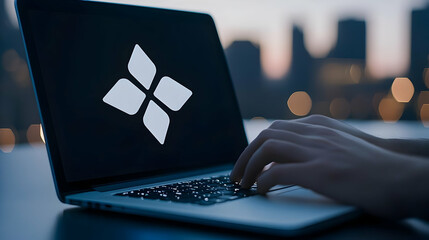Poster - Hands Typing on Laptop with Abstract Logo in Urban Evening Setting