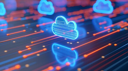 Poster - Futuristic Digital Cloud Technology with Neon Lines and Data Streams in Abstract Background