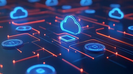 Poster - futuristic network illustration with cloud computing concept and stylish neon lines in modern digita