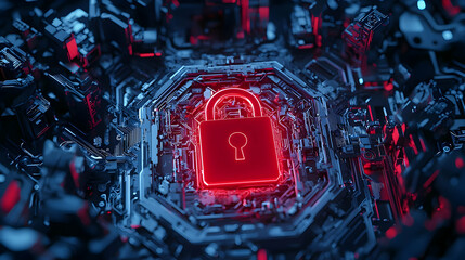 Poster - Futuristic Digital Lock in Abstract Circuit Background with Red Glow