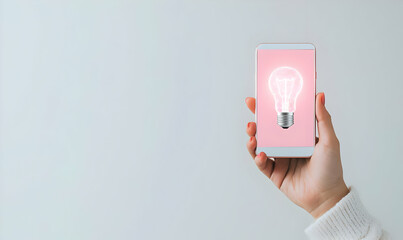 Poster - Hand Holding Smartphone with Light Bulb Concept Innovation Idea