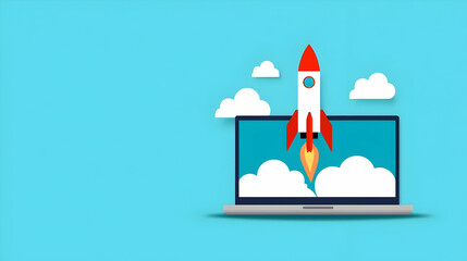 Poster - Rocket Launching from Laptop Screen with Clouds and Blue Background