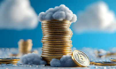 Poster - Cloudy Coins Stacked High Above with Blue Sky Background