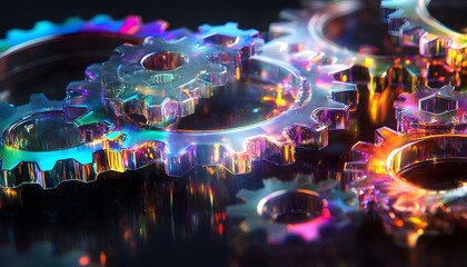 Poster - Interlocking iridescent glass gears rotate smoothly