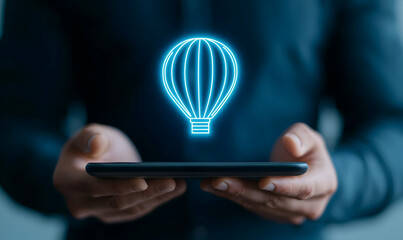 Poster - Hands Holding Tablet with Floating Hot Air Balloon Icon Graphic
