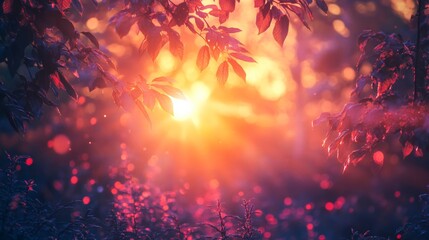 Poster - Iridescent Sunrise with Glossy Light Peeking Through Tree Silhouettes Background 8k Resolution