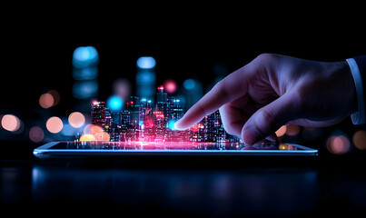 Poster - Hand Touching Digital Display of Futuristic Cityscape at Night