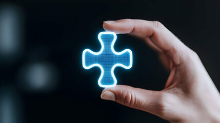 Poster - Hand Holding Glowing Puzzle Piece Against Dark Background