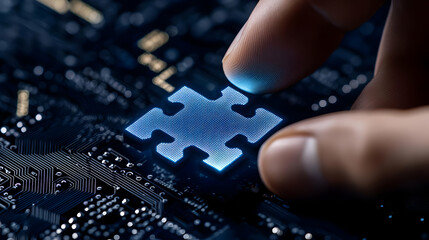 Poster - Hand Placing Glowing Puzzle Piece on Circuit Board Background