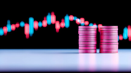 Poster - Stacks of Coins Against Colorful Financial Chart Background