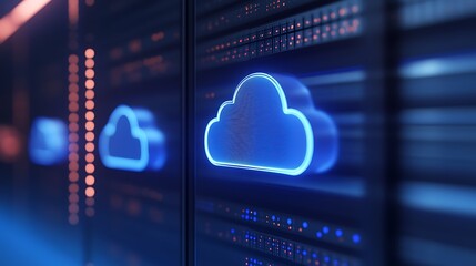 Poster - modern cloud technology concept with neon cloud icon illuminating data server background