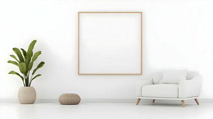 Poster - Modern Minimalist Living Room with White Walls and Green Plant