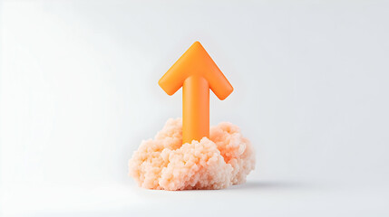 Poster - Orange 3D Arrow Rising from Soft Cloud on White Background