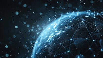A blue planet with a network of lines connecting it