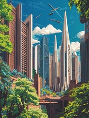 Poster - San Francisco, emphasizing a striking cubical architectural structure with tall spires piercing the skyline