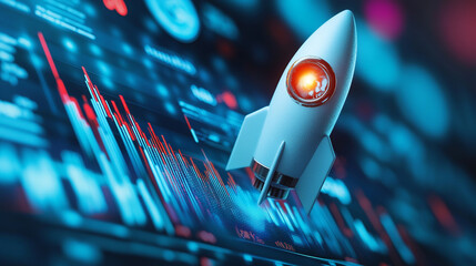 Poster - White rocket launching over futuristic blue data charts 3d red graph growth future screen modern