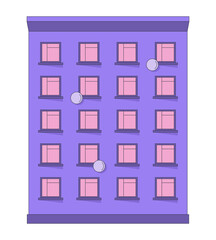 Poster - Cozy multi-story residential building 2D cartoon object. Rental property. Apartment complex home. Realestate multistory housing isolated element flat vector clip art on white. Spot illustration