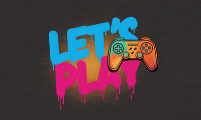 Poster - Vibrant graffiti background featuring a gaming controller in neon colors of blue, pink, and orange