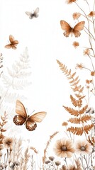 Poster - dried flowers accompanied by ferns and butterflies, portrayed in muted earthy tones on a crisp white background to emphasize their natural elegance