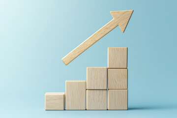 Poster - Wooden blocks chart showing growth and success upward trend goal arrow future rising simple design