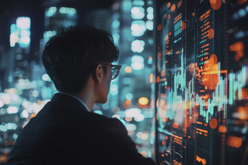 Poster - Young businessman analyzing financial data on screen at night cityscape work stock urban charts