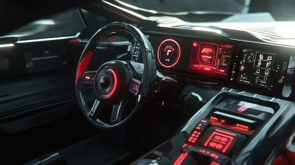 Interior view of a futuristic modern vehicle cockpit