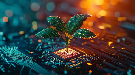 Poster - Green plant sprouting from a technological circuit board eco chip data leaves growth future nature