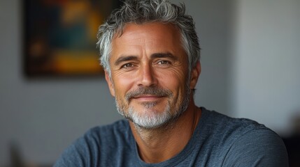 Poster - smiling mature man in t shirt looking at camera on white background confident gray haired male