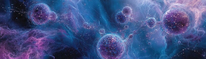 A mesmerizing cosmic scene featuring a rich blend of deep purple and vibrant blue hues, dotted with twinkling stars and swirling nebulas, creating a captivating celestial atmosphere.