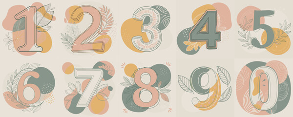 vector set of numbers one to nine with floral elements on colorful abstract backgrounds and copy spa