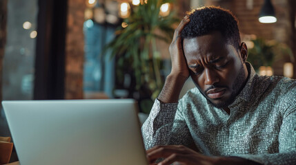 Poster - Stressed man working late on laptop feeling tired exhausted overwhelmed sad dark pain male night