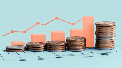 Poster - stock funding or money saving graph with coins stack background,cartoon illustration style