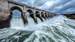 © Ronnakrit - Weathered Stone Arch Bridge with Powerful Water Flow Under Stormy Sky