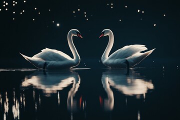 Naklejka na meble Majestic swans reflecting on tranquil water under starry night. AI generative