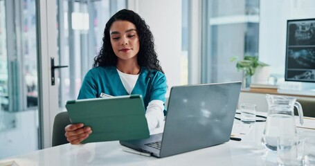 Laptop, woman and doctor with tablet at hospital with surgery, treatment or diagnosis plan. Digital technology, computer and professional female healthcare worker with online medical report in clinic